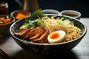 japanisch Tonkotsu Ramen Schüssel auf Abendessen Tabelle beim Restaurant, ai generativ foto