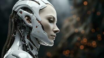 schön Gesicht von ein futuristisch Hi-Tech Cyborg Roboter Frau. verbinden Mann und Computer mit künstlich Intelligenz im das Zukunft von Menschheit foto