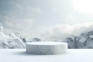3d Weiß Stein Podium minimal Produkt Anzeige Sockel Felsen mit Landschaft Schnee Winter Szene, ai generieren foto