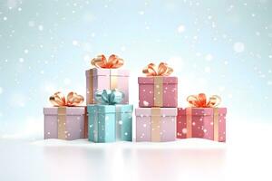 Weihnachten Geschenk Kisten Dekoration im Schnee Szene, im das Stil von Licht Pastell- Design, ai generieren foto