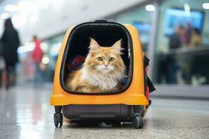 Haustier im ein Reise Träger beim das Flughafen foto