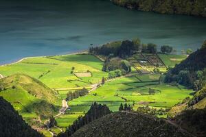 Landschaft von das Insel von Blumen. Azoren, Portugal foto