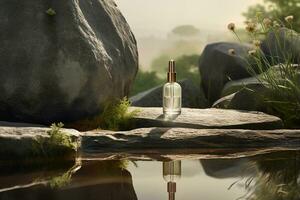 Parfüm Flasche oder Whiskey Flasche im elegant Stil auf das Hintergrund von Felsen foto