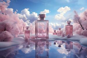 Parfüm Flasche oder Whiskey Flasche im elegant Stil auf das Himmel Hintergrund foto