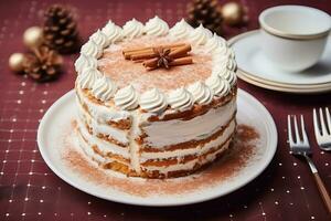 hausgemacht Kuchen dekoriert mit Weiß ausgepeitscht Sahne und Zimt, ai generativ foto