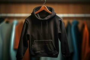 ein schwarz Sweatshirt mit ein Kapuze und ein Tasche hängt auf ein Aufhänger im das Dressing Zimmer. ai generiert foto