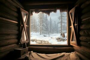 Winter Aussicht von Innerhalb Hütte. generieren ai foto