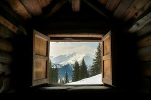 Landschaft Aussicht von Innerhalb Hütte. generieren ai foto