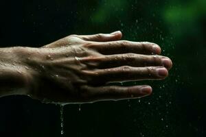 transparent Nahansicht Hand im Regen. generieren ai foto