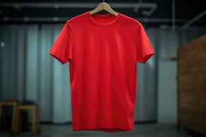 ein rot T-Shirt ist hängend auf ein Aufhänger. ai generiert foto