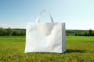 ein Weiß Stoff Picknick Tasche steht im ein Feld im das Gras mit Blumen. ai generiert foto