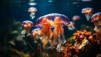 Qualle schwimmt im das Ozean Meer, Licht geht vorbei durch das Wasser. ai generativ foto