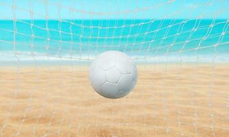 Strand Landschaft mit Fußball Ball, Sommer- Jahreszeit und Wasser und Blau Himmel Hintergrund. foto