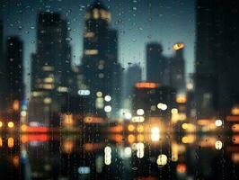 Aussicht von ein defokussiert Stadt beim Nacht durch ein Fenster mit Regentropfen foto
