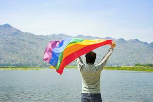 zurück Sicht, jung Fröhlich Stolz halten lgbt Regenbogen Flagge winken im das Himmel foto