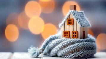 Winter Gemütlichkeit - - klein Haus eingewickelt im ein gestrickt Schal - - generativ ai foto