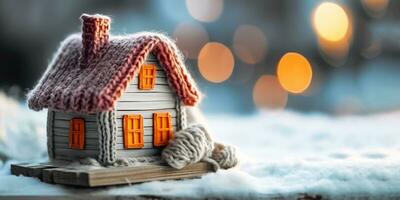 schneebedeckt Heimkehr - - gemütlich Haus geschmückt im ein gestrickt Schal - - generativ ai foto
