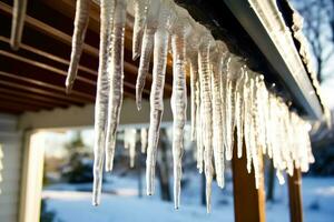 Winter Eiszapfen und schneebedeckt Zuhause - - generativ ai foto