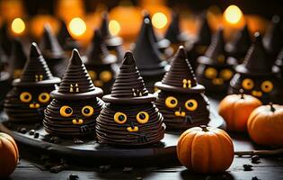 Halloween Dessert Freuden - - Kürbis und Hexe Hut Süßwaren - - generativ ai foto