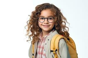 Porträt von ein Schülerin Mädchen mit Brille und ein Rucksack. KI-generiert foto