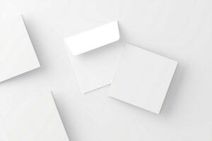 Platz gefaltet Einladung Karte mit Briefumschlag Weiß leer 3d Rendern Attrappe, Lehrmodell, Simulation foto
