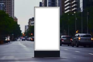 ein Plakatwand Stehen auf das Straße im das Stadt. ai generiert foto