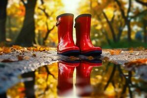 Herbst Regenfall - - Gummi Stiefel durch das Pfütze - - generativ ai foto
