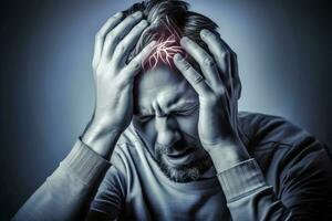 Mann im Schmerzen - - Bewältigung mit ein stark Kopfschmerzen - - generativ ai foto