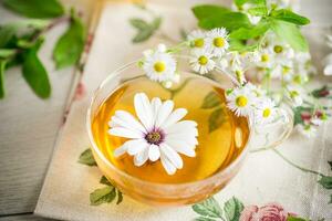 Kamille Blume Tee im ein Glas Tasse und Teekanne, auf ein hölzern Tisch. foto