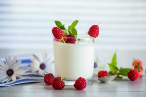 Süss gekocht hausgemacht Joghurt mit frisch Himbeeren im ein Glas. foto