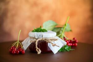 Viburnum Marmelade im ein Glas Krug und frisch rot Schneeball. foto