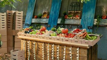 leeren frisch Essen Bauern Markt Stand mit organisch Produkte von Garten, saisonal Früchte und Gemüse auf Schalter. lokal frisch Auberginen, Möhren, Tomaten oder saftig Süss Äpfel im Boxen. foto