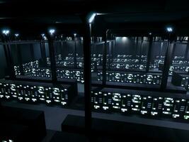 ai groß Daten Server Zimmer mit Gestelle benutzt zum global neural Netzwerk und Hardware- Information, Wolke Computing Datenbank Center. modern Supercomputer und Beleuchtung flackert. 3d machen Animation. foto