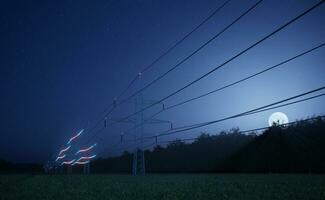 Stahl Leistung Pylon mit hoch Stromspannung Strom fließend durch Kabel Über Nacht Himmel Horizont. industriell Ausrüstung ermöglichen Verteilung von Elektrizität zu Haushalte, 3d machen Animation foto