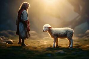 Bibel Geschichte - - jung Mann Jesus spart ein hat verloren Lamm im strahlend Sonnenlicht - - generativ ai foto