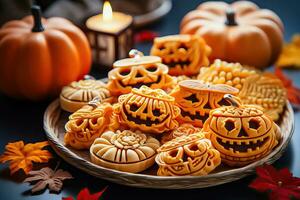 gespenstisch Kürbis Kekse zum Halloween - - generativ ai foto