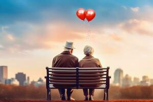 Senior Lovebirds - - Paar auf ein Park Bank mit rot Luftballons - - generativ ai foto