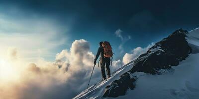 ai generiert. ai generativ. Winter Schnee Eis Berg Wandern Trekking Erkundung Abenteuer aktiv Lebensstil Motivation Landschaft Hintergrund. Grafik Kunst foto