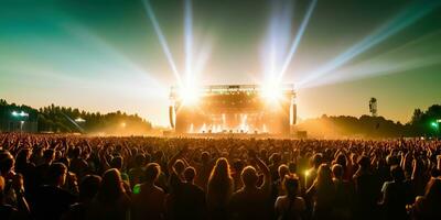 ai generiert. ai generativ. Nacht öffnen Luft Konzert Show Leistung Bühne Leben Musik- Veranstaltung mit viele Menschen um. Feier Spaß Party Rave Hintergrund. Grafik Kunst foto