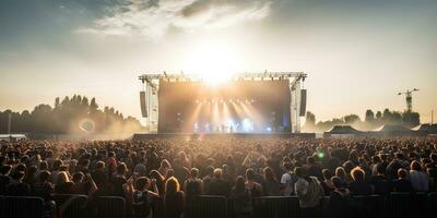 ai generiert. ai generativ. Nacht öffnen Luft Konzert Show Leistung Bühne Leben Musik- Veranstaltung mit viele Menschen um. Feier Spaß Party Rave Hintergrund. Grafik Kunst foto