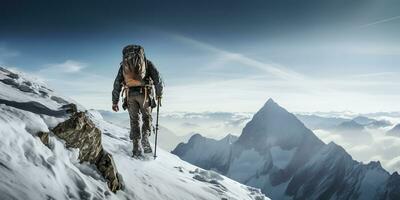 ai generiert. ai generativ. Winter Schnee Eis Berg Wandern Trekking Erkundung Abenteuer aktiv Lebensstil Motivation Landschaft Hintergrund. Grafik Kunst foto