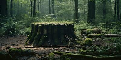 ai generiert. ai generativ. hölzern Stumpf im das Urwald Wald. Natur draussen Landschaft Hintergrund. Grafik Kunst foto