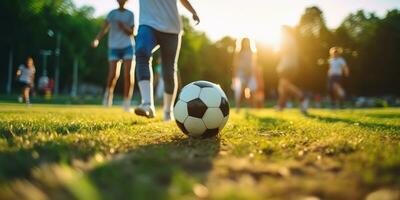 ai generiert. ai generativ. Fußball Fußball Spiel auf Grün Feld. aktiv Sport passen Ausbildung Hintergrund. Grafik Kunst foto