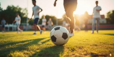 ai generiert. ai generativ. Fußball Fußball Spiel auf Grün Feld. aktiv Sport passen Ausbildung Hintergrund. Grafik Kunst foto