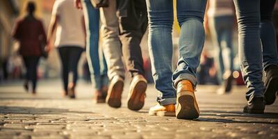 ai generiert. ai generativ. Menge Menschen Gehen Straße Beine im Schuhe. Stadt städtisch Hintergrund. Grafik Kunst foto