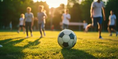 ai generiert. ai generativ. Fußball Fußball Spiel auf Grün Feld. aktiv Sport passen Ausbildung Hintergrund. Grafik Kunst foto