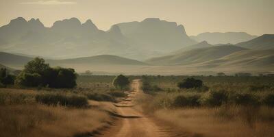 ai generiert. ai generativ. wild draussen Natur Süd Afrika Landschaft Hintergrund mit Berge und Feld. Grafik Kunst foto