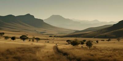 ai generiert. ai generativ. wild draussen Natur Süd Afrika Landschaft Hintergrund mit Berge und Feld. Grafik Kunst foto