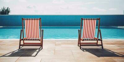 ai generiert. ai generativ. zwei hölzern dech Stühle beim Schwimmen Schwimmbad. Ferien entspannend Hotel Zeit. Grafik Kunst foto