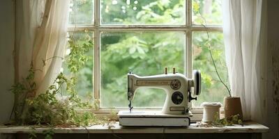 ai generiert. ai generativ. Jahrgang retro Nähen Maschine auf Fenster mit Blumen. dekorativ Zuhause gemütlich Hintergrund. Grafik Kunst foto